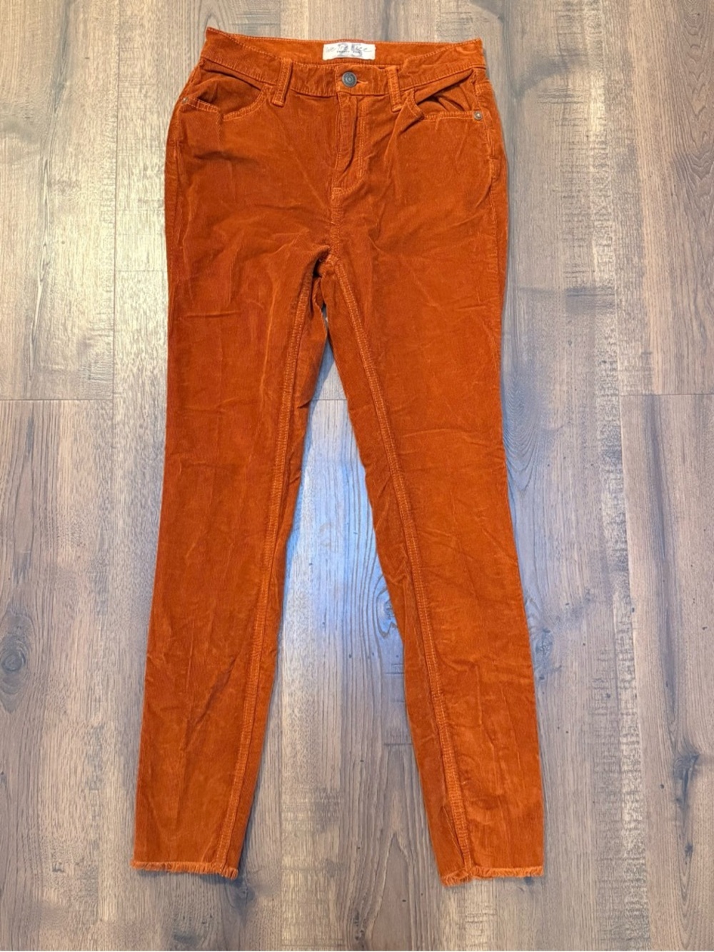 Free People We The Free Burnt Orange High Waist Raw Hem Corduroy Skinny Jeans 25